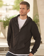 Male model wearing zip up dark heather grey hoodie