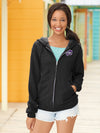 Female model wearing dark heather grey zip up hoodie embroidered with the K-State Powercat in purple with white outline