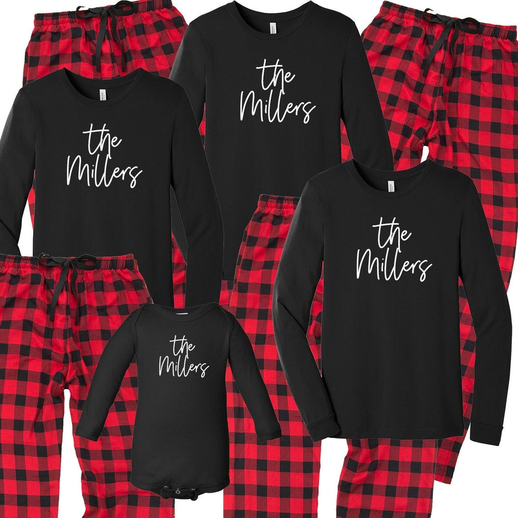 Christmas Reindeer and Letter Print Black Family Matching Long-sleeve Plaid Pajamas Sets