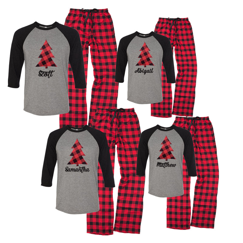 Personalized Plaid Christmas Tree Matching Family Pajama Set - Grey/Bl ...
